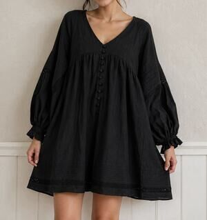 MABLE Black Linen Blend Babydoll Dress Women’s S Balloon Sleeve Lined Boho